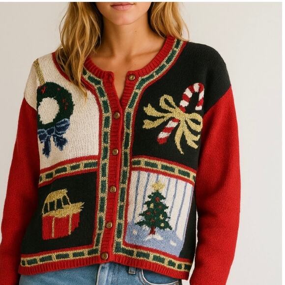 Vintage Red Ugly Christmas Sweater Hand Knit Cottage Core Soft Girl Cardigan - Picture 1 of 11